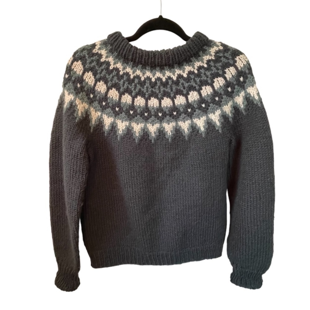 HAND KNIT Fair Isle Chunky Knit Sweater Green Cream S